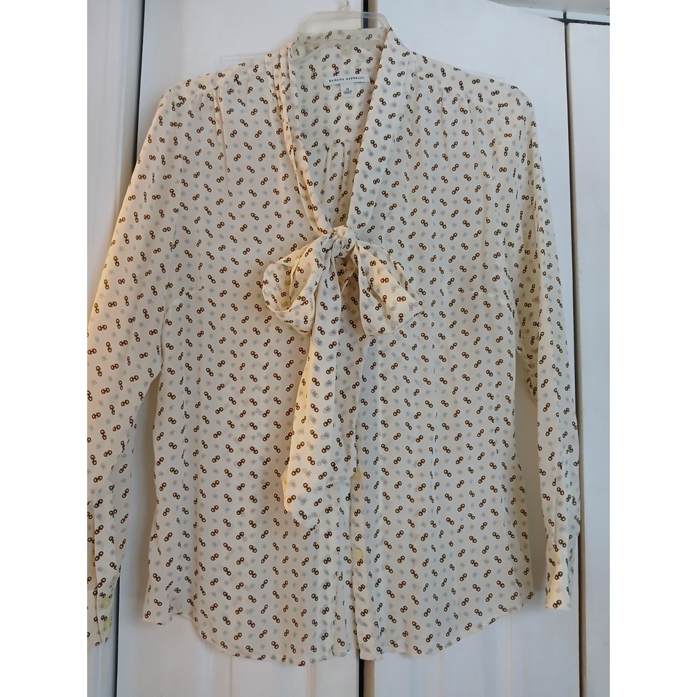 Banana Republic Silk Button Down Bow Tie Cream Print Long Sleeve Women's Sz 14